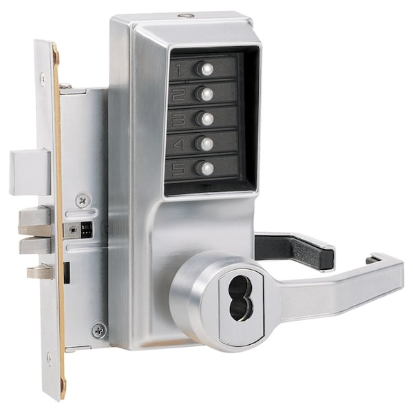 Mortise Combination Lever Lock, Key Override, Passage, Lockout, Less Core, Satin Chrome